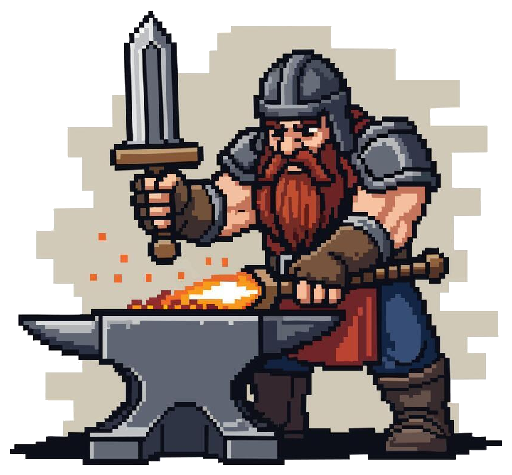 Pixel-art dwarf blacksmith hammering a glowing ingot at the anvil